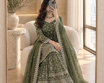 Pakistaans groen geborduurd Sharara-pak, Indiase trouwoutfit, Pakistaanse Salwar Kameez, feestkleding