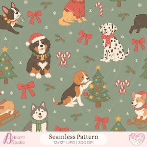 Könnte beinhalten: Ein nahtloses Muster auf salbeigrünem Hintergrund mit verschiedenen Hunderassen, Weihnachtsbäumen, roten Schleifen, Zuckerstangen und Stechpalmen. Der Text unten lautet Seamless Pattern 12x12 inches | JPG | 300 DPI und Belra Studio.