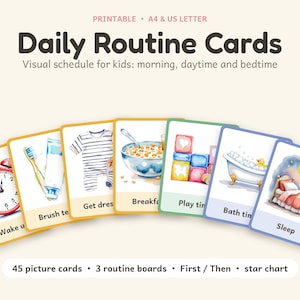 May include: A set of Daily Routine Cards featuring watercolor illustrations of daily tasks including an alarm clock, toothbrush, clothing, breakfast, blocks, a bathtub, and a bed. The text reads Daily Routine Cards, 45 picture cards, 3 routine boards, First / Then, and star chart.