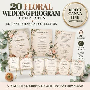 Può includere: Una collezione di 20 modelli di programmi di nozze floreali con illustrazioni botaniche e testo. Il set include vari design di biglietti da 5x7 pollici con tipografia elegante, presentati con rametti di eucalipto e un supporto in metallo.