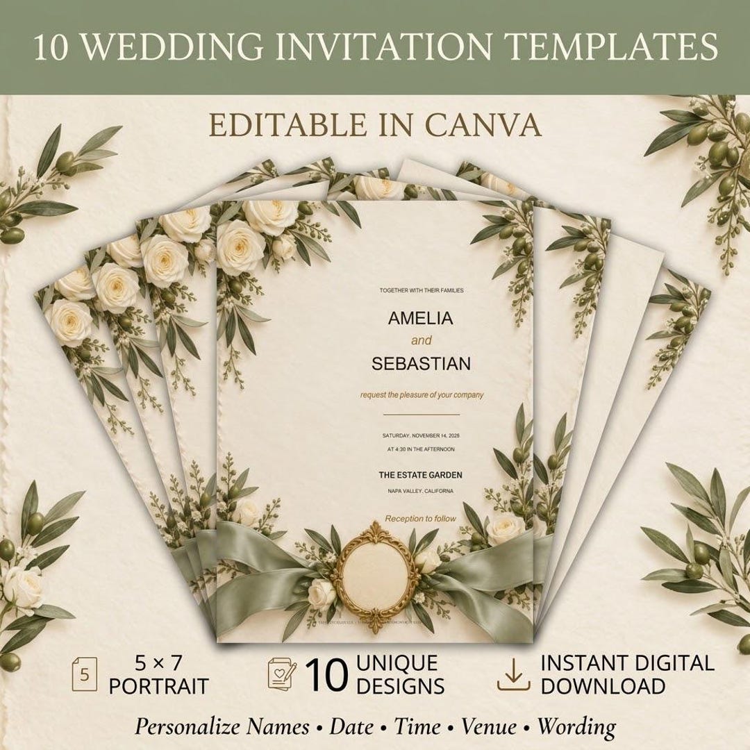 10 Editable Wedding Invitation Templates, Canva 5x7, Sage Ivory Gold 10 Editable Wedding Invitation Templates, Canva 5x7, Sage Ivory Gold
