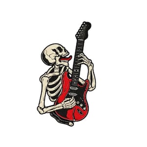 May include: An embroidered patch featuring a beige skeleton with an open mouth and a long red tongue, playing a bright red electric guitar with a black pickguard and fretboard. The design is outlined in black thread against a white background.