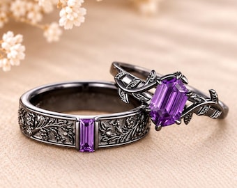 Ensemble de bagues pour couple en améthyste taille émeraude, bague de fiançailles gothique en or noir, alliance sculptée de fleurs, ensemble de mariage alternatif inspiré par la nature 7