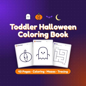 May include: A Toddler Halloween Coloring Book with a purple background featuring icons of a ghost, pumpkin, bat, and moon. Three sample pages show a pumpkin, a ghost, and a maze. The text reads: Toddler Halloween Coloring Book, 43 Pages, Coloring, Mazes, Tracing.