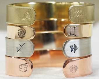 Zodiac Cuff Bracelet in REAL Sterling Silver, Bronze, Copper, Brass, Bronze, Nickel, NuGold, or Aluminum