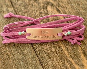 Live Intentionally Bronze and Pink Wrap Bracelet / Gifts for Her / Motivational / Inspirational Bracelet