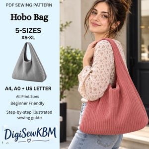May include: A PDF sewing pattern for a hobo bag in 5 sizes from XS to XL, including A4, A0, and US letter formats. The pattern features a ribbed hobo bag design, shown in gray as a digital graphic and in dusty rose as a finished product.