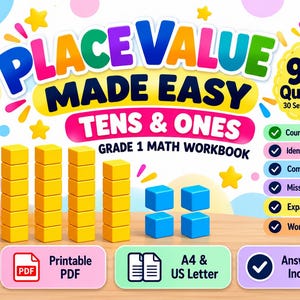 May include: A Grade 1 maths workbook titled Place Value Made Easy Tens & Ones featuring 900 questions. The cover displays yellow blocks representing tens and blue blocks for ones, with icons for printable PDF, A4 and US Letter sizes, and an answer key.