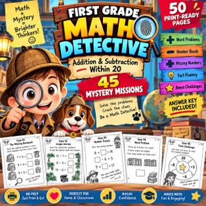 May include: A First Grade Math Detective educational activity book cover featuring a cartoon child and a puppy wearing detective hats, a magnifying glass, and text including 50 Print-Ready Pages, 45 Mystery Missions, and math problems.