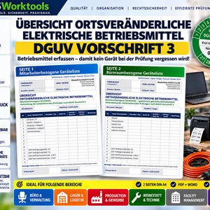 Könnte beinhalten: Eine digitale Vorlage für DGUV VORSCHRIFT 3 Prüfprotokolle für elektrische Betriebsmittel, bestehend aus zwei A4-Formularen in Blau und Grün. Die Dokumente enthalten Tabellen zur Erfassung von Gerätedaten, Seriennummern und Prüfdaten.