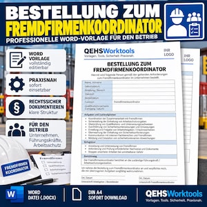 Könnte beinhalten: Eine digitale Word-Vorlage zur Bestellung zum Fremdfirmenkoordinator, bestehend aus einem weißen A4-Formular mit Feldern für Name, Geburtsdatum und Aufgaben, ergänzt durch einen weißen Schutzhelm mit blauem Etikett und einen Stift auf einem Klemmbrett.