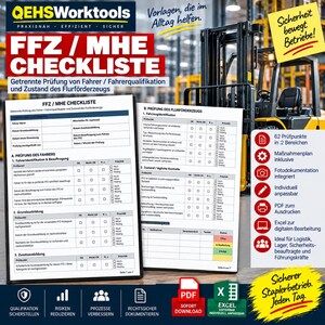May include: A printed checklist document titled FFZ / MHE CHECKLISTE for forklift operator and equipment inspection. The document contains tables with columns for status and priority, alongside icons for PDF and Excel formats for warehouse safety.