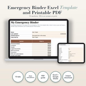 Modèle Excel et PDF de classeur d'urgence en anglais | Classeur d'urgence avec planification préalable des soins, comptes et héritage numérique