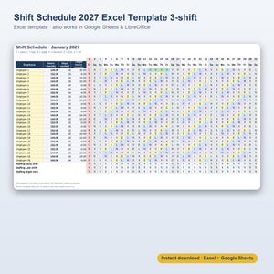 May include: A digital Shift Schedule 2027 Excel template for 3-shift operations. The spreadsheet displays employee names, monthly hours, days worked, and a daily calendar grid for January 2027 with colour-coded shift markers E, L, N, V, S, and X.