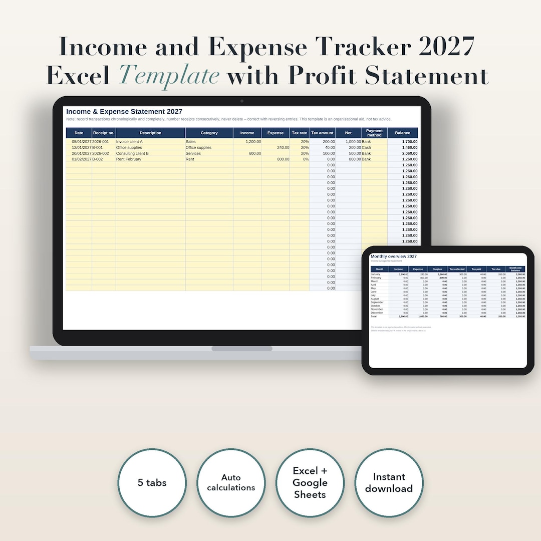Income and Expense Tracker 2027 Excel Template With Profit Statement ...