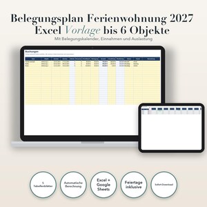 Belegungsplan Ferienwohnung 2027 Excel Vorlage bis 6 Objekte | Buchungsübersicht mit Einnahmen, Auslastung & Belegungskalender