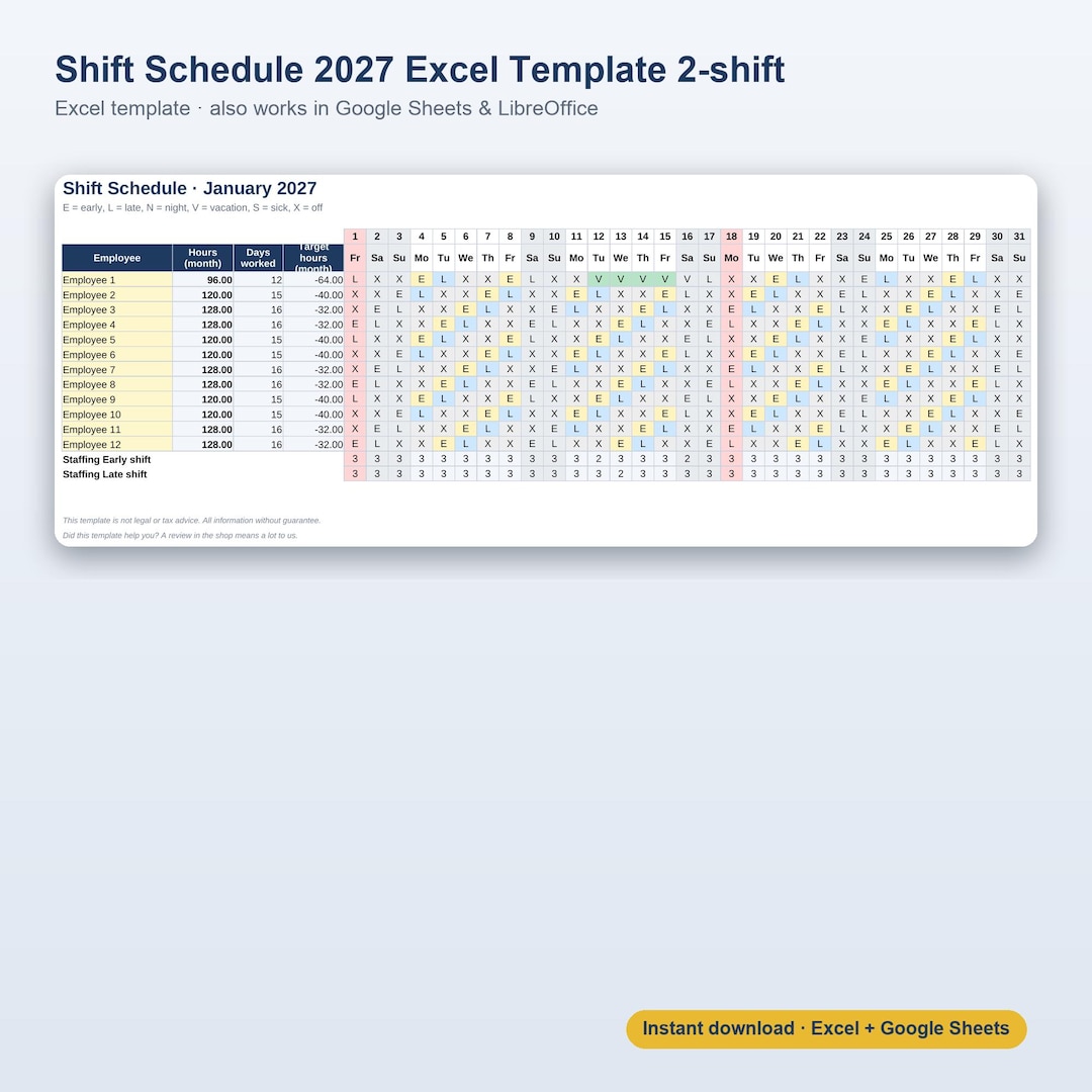 Shift Rotation Excel Template Shift Schedule 2027 Excel Template 2-shift | Employee Rota for 12 Staff ...