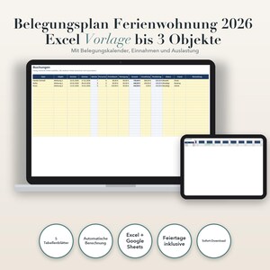 Belegungsplan Ferienwohnung 2026 Excel Vorlage bis 3 Objekte | Buchungsübersicht mit Einnahmen, Auslastung & Belegungskalender