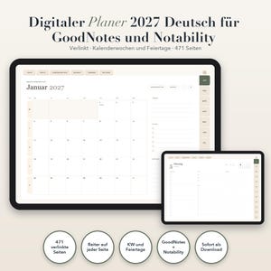 Digitaler Planer 2027 Deutsch für GoodNotes und Notability | Verlinkter iPad Kalender mit Tages-, Wochen- und Monatsseiten