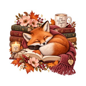 May include: A sleeping orange fox rests on an open book, surrounded by a stack of books, a mug labeled Just One More Chapter, a candle labeled A Brighter You, pink flowers, autumn leaves, a maroon knit scarf, and a heart-shaped Book Lover tag.