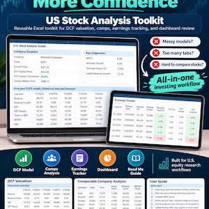May include: A digital US stock analysis toolkit displayed on a laptop and tablet screen. The interface features financial data tables, including company snapshots, earnings trackers, DCF valuation models, and comparable company analysis charts.