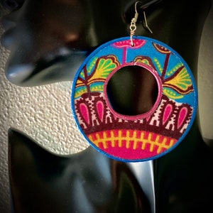 Makena - African Wax Fabric and Leather Colorful Pink Blue Large Earrings