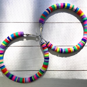 Confetti Hoops Vinyl Heishi Beaded Multicolor Colorful Big Earrings
