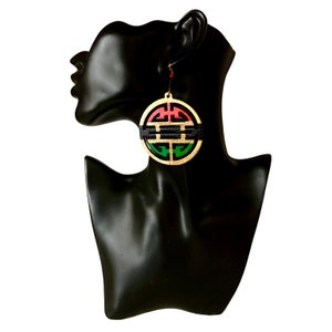 Bakari - Hand-Painted Wood Chinese Pattern Earrings with an RBG & Gold Twist.