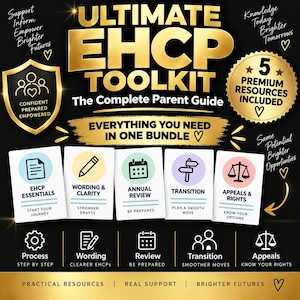 May include: The Ultimate EHCP Toolkit is a complete parent guide bundle featuring five premium resources. It includes cards for EHCP Essentials, Wording & Clarity, Annual Review, Transition, and Appeals & Rights, with icons and text for each section.