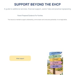 Può includere: Un documento intitolato SUPPORT BEYOND THE EHCP, una guida a servizi aggiuntivi, supporto finanziario, aiuto ai caregiver e indicazioni pratiche. Include un grafico di un cartello in legno con frecce colorate: UNDERSTAND, PLAN, SUPPORT, ACHIEVE, BELONG.