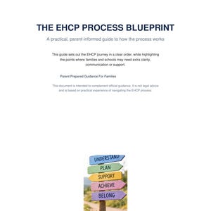 May include: A document titled The EHCP Process Blueprint, a practical guide for families. It includes text about the EHCP journey and an image of a wooden signpost with five colorful arrows labeled Understand, Plan, Support, Achieve, and Belong.