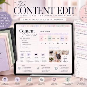 May include: A digital social media and content creator planner titled The Content Edit, featuring 132 pages in a hyperlinked PDF. The interface displays a content calendar, platform overview, goals, analytics, and brand collaboration sections.