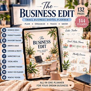 Può includere: Un'agenda digitale intitolata The Business Edit per piccole imprese, con 132 pagine e 144 adesivi. L'interfaccia mostra sezioni per obiettivi aziendali, pianificazione prodotti, inventario, ordini, spese, marketing e social media.
