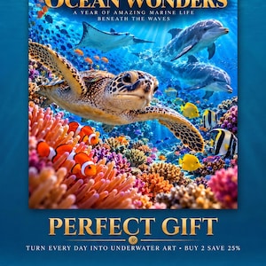 以下が含まれることがあります： ウミガメ、イルカ、色鮮やかなサンゴ礁の魚が描かれた2027年版Ocean Wondersカレンダー。テキストには「2027 OCEAN WONDERS A YEAR OF AMAZING MARINE LIFE BENEATH THE WAVES」、「PERFECT GIFT」、「TURN EVERY DAY INTO UNDERWATER ART BUY 2 SAVE 25%」と記載されています。