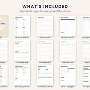 May include: A set of 15 printable sports mom planner pages featuring a cover with the text SPORTS MOM PLANNER, plus templates for season at a glance, team contacts, monthly calendar, weekly family schedule, game schedule, practices, and expenses.