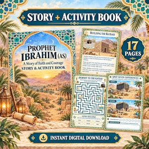 Puede incluir: Un libro digital de historias y actividades titulado Prophet Ibrahim (AS) A Story of Faith and Courage, que contiene 17 páginas, incluyendo un laberinto llamado Journey to the Ka'bah, un juego de diferencias y una página sobre Building the Ka'bah.