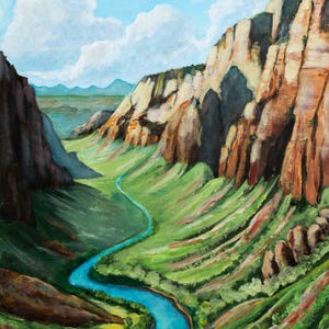 May include: An oil painting of a winding turquoise river flowing through a deep canyon with towering tan and brown rock cliffs. The valley floor is covered in vibrant green vegetation under a bright blue sky with fluffy white clouds.