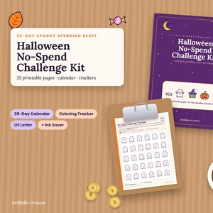 Puede incluir: Un kit de desafío de ahorro de Halloween con 35 páginas imprimibles, incluyendo un calendario de 30 días y un rastreador de colorear. El kit presenta documentos morados y blancos con iconos de fantasmas, calabazas y sombreros de bruja.