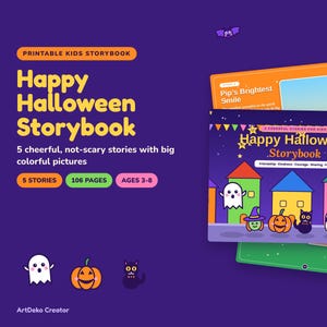 Puede incluir: Un libro de cuentos imprimible para niños titulado Happy Halloween Storybook con 5 historias alegres, 106 páginas, para edades de 3 a 8 años. La portada muestra casas coloridas, un fantasma, una calabaza, un gato y una momia.