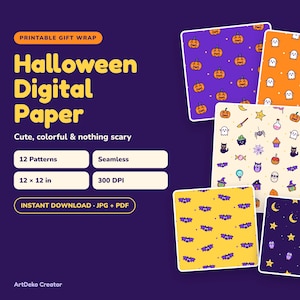 Puede incluir: Una colección de papel digital de Halloween con doce patrones sin costuras que incluyen calabazas, fantasmas, murciélagos, búhos y estrellas en naranja, morado y amarillo. El texto dice Printable Gift Wrap, Halloween Digital Paper, 12 Patterns, Seamless, 12 x 12 in, 300 DPI, Instant Download JPG + PDF y ArtDeko Creator.