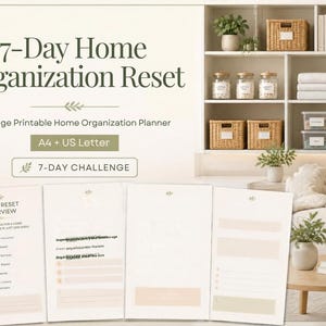 Può includere: Un pianificatore stampabile per l'organizzazione della casa di 30 pagine intitolato 7-Day Home Organization Reset. Il documento include una panoramica della sfida di 7 giorni, liste di attività giornaliere e pagine di pianificazione in A4 e US Letter.