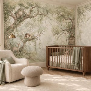 Könnte beinhalten: Ein Kinderzimmer mit einem Gitterbett aus dunklem Holz mit einer grünen Decke, einem cremefarbenen Sessel mit passendem pilzförmigen Hocker, einem geflochtenen Korb mit Kuscheltieren und einer Wandtapete mit Waldmotiv, Bäumen und einer Fee.