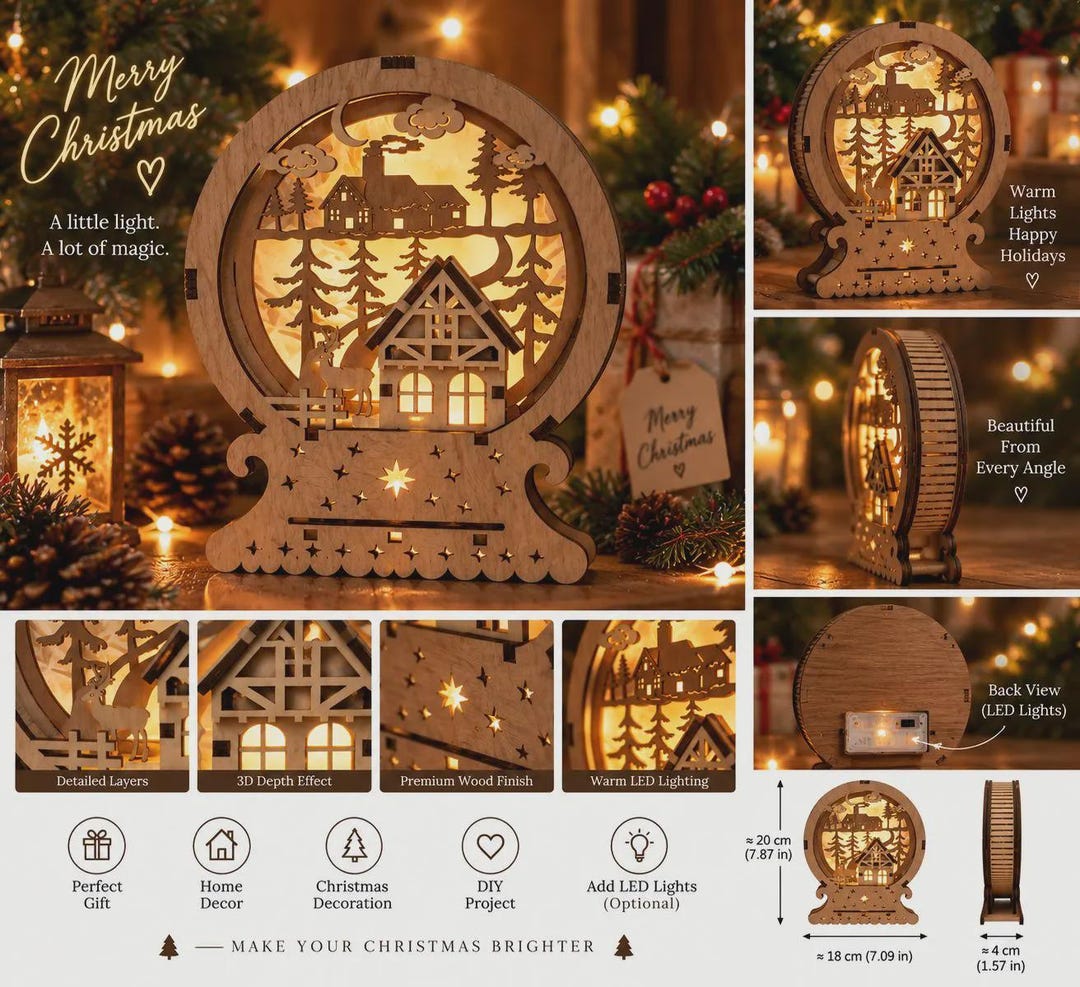 Scene Cutter Clacking Christmas Snow Globe Scene Laser Cut Wooden Decor | Holiday Table ...