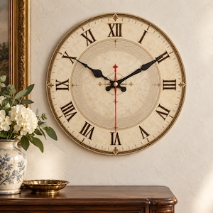 May include: A round wall clock with a cream-colored face, black Roman numerals, and a gold-toned frame. The clock features two black hour and minute hands and a thin red second hand, with a textured circular pattern in the center.
