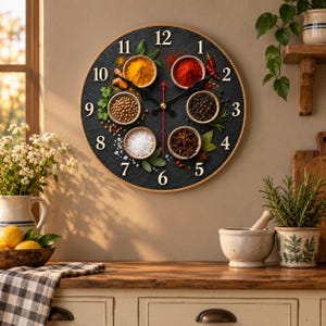 Peut inclure: Une horloge murale ronde au cadran en ardoise sombre avec des chiffres blancs de 1 à 12. Le cadran est orné de six petits bols circulaires contenant diverses épices, du sel et des grains de poivre, agrémentés de feuilles vertes.
