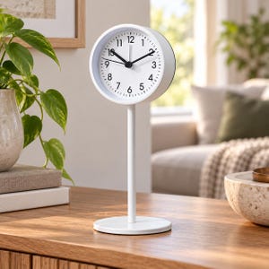 May include: A white analogue table clock featuring a circular face with black numerals and hands, mounted on a slender vertical post attached to a round base. The clock face displays the numbers one through twelve in a clear, sans-serif font.