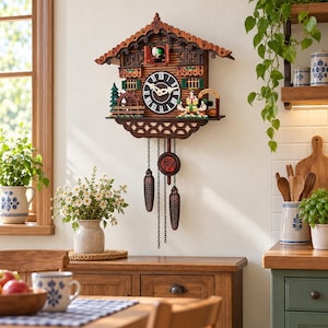 May include: A wooden cuckoo clock featuring a dark brown chalet design with a white clock face, Roman numerals, and a small bird. It includes a water wheel, a Biergarten scene, and three hanging weights suspended by chains from the base.