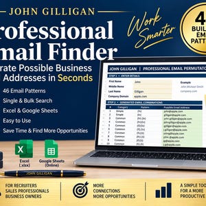 Peut inclure: Un ordinateur portable affichant le logiciel John Gilligan Professional Email Finder avec 46 modèles d'e-mails intégrés. L'écran montre un tableau de données pour générer des adresses e-mail professionnelles. Un stylo et des livres sont posés.