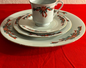 Vintage Poinsettia and Ribbons Dinnerware Four Piece Service for