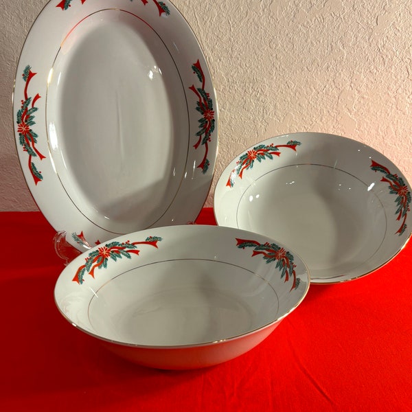 Poinsettia and Ribbons 3 Piece Completer Serving  Set Oval Platter Vegetable Bowls Tienshan Fine China New In Box See Description